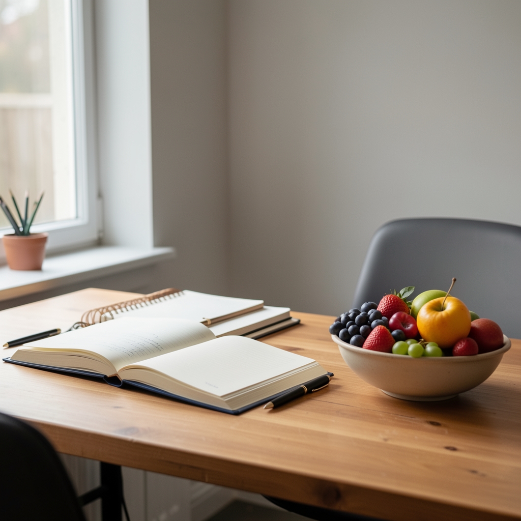 Editorial studio workspace with natural light, open notebooks and a bowl of seasonal fruit on the desk