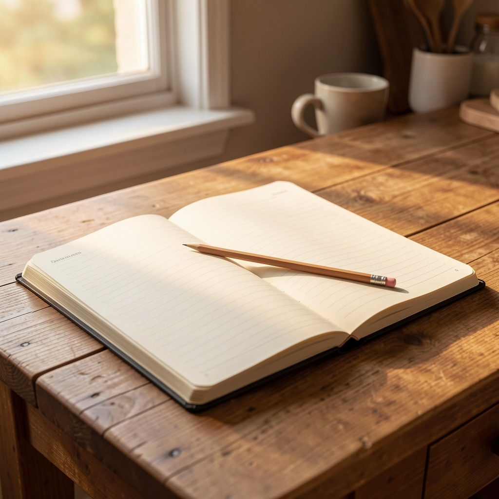 Open food journal notebook on a wooden kitchen table with a pencil resting across it, warm morning window light, close-up editorial photograph
