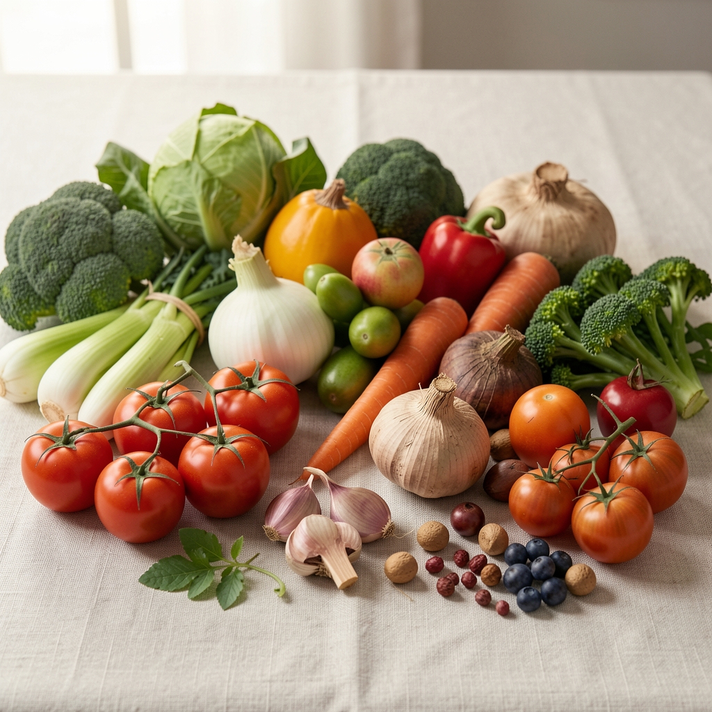 Seasonal vegetables and whole foods arranged on a pale linen surface in soft morning light, editorial composition